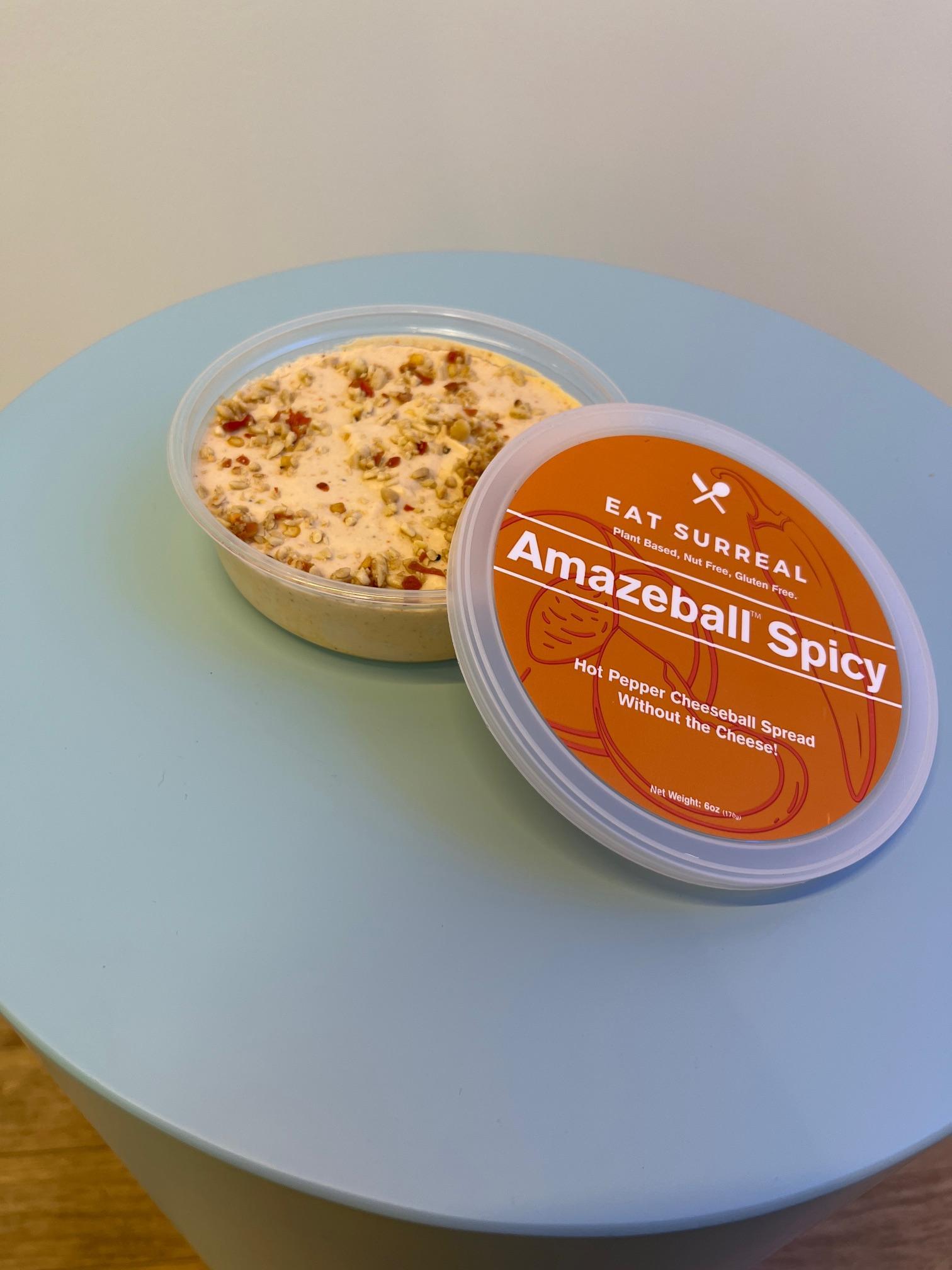Spicy Amazeball Spread vegan spicy cheeseball alternative with Hot Pepper Peach Jam and Thai Chili Pepper topping