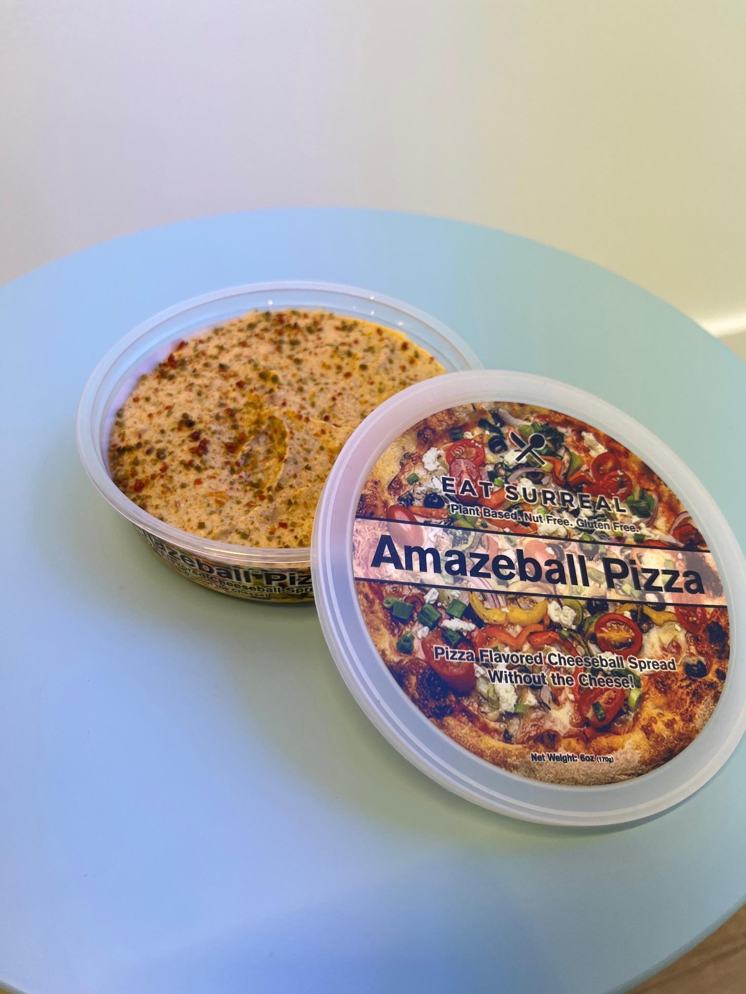 Pizza Amazeball Spread vegan pizza cheeseball alternative with tomato, banana peppers, and pepperoncini topping