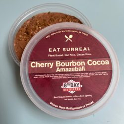 Cherry Bourbon Cocoa Amazeball Spread vegan chocolate cherry cheeseball alternative with figs, cocoa, and bourbon jam topping