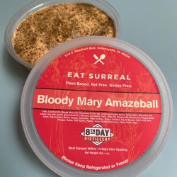 Bloody Mary Amazeball Spread vegan cheeseball alternative with horseradish, relish, and TajÃn-celery seed topping